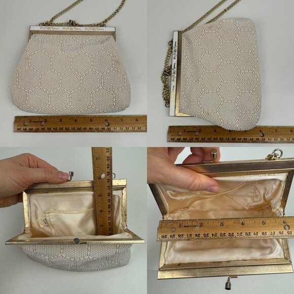 Vtg Small Beaded Purse Handbag Small Ivory Cream Gold Chain Hexagon Pattern READ - Picture 3 of 10